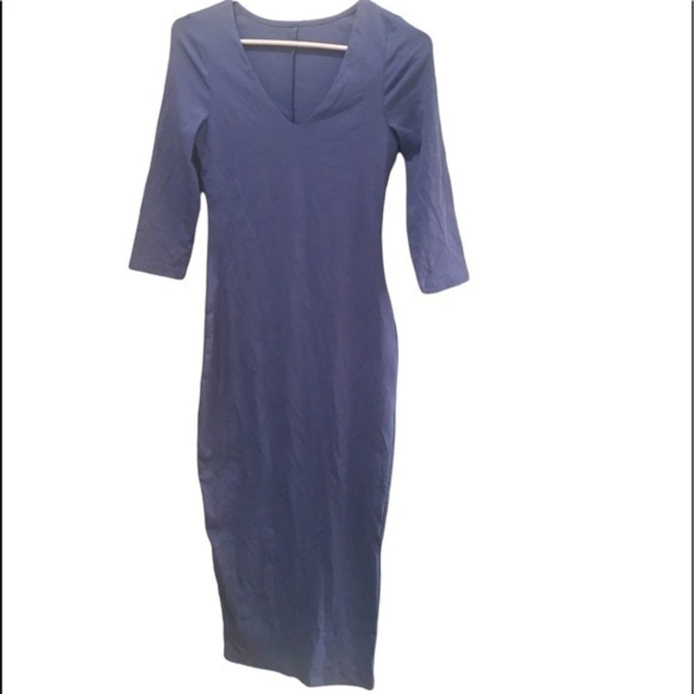SHEIN Blue V neck Long sleeve BodyCon mid length back slit dress